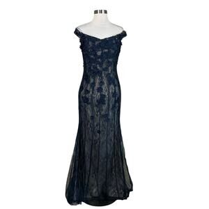 AQUA Off the Shoulder Sequined Floral Lace A-Line Evening Gown Blue Size 8 Dress